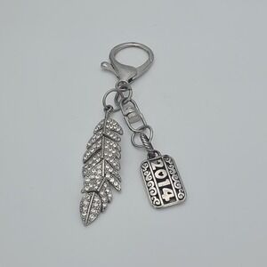 BRIGHTON 2014 Keychain Fob Feather Charm Crystal Accents Silver Plate 4"